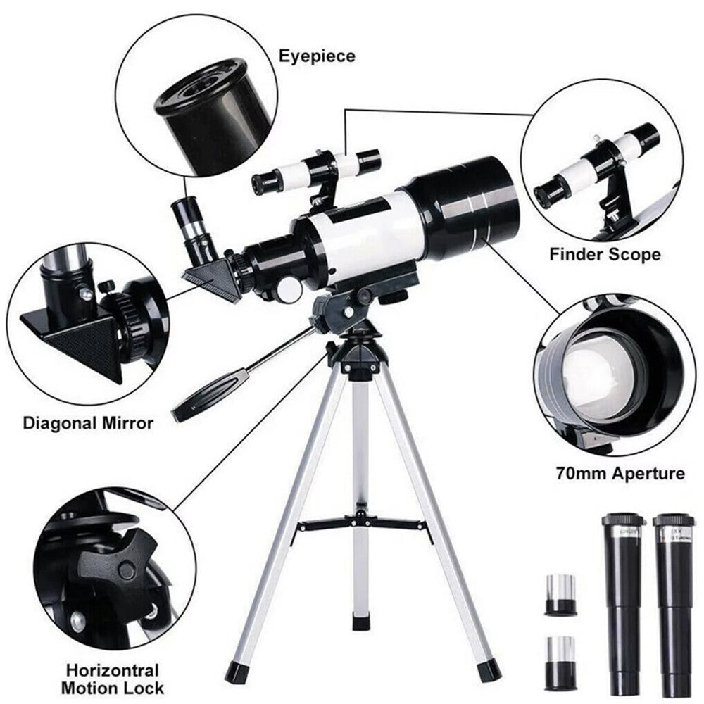 Telescópio Astronômico 150X, Refrator de Abertura de 70mm, Telescópio Portátil de Viagem com Adaptador de Celular e Controle Remoto Sem Fio