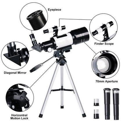 Telescópio Astronômico 150X, Refrator de Abertura de 70mm, Telescópio Portátil de Viagem com Adaptador de Celular e Controle Remoto Sem Fio