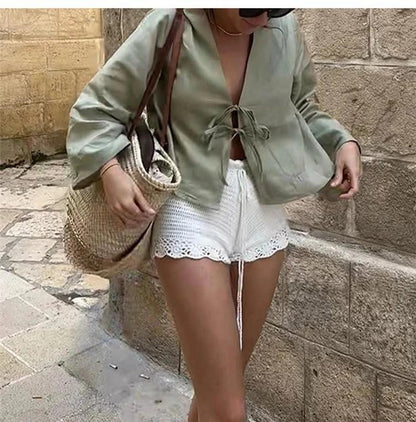 C.NEW S 2024 Spring New Female Street Tops Green Linen Lace Up Long Sleeve For Women Fashion Chic Casual Loose V Neck Shirt