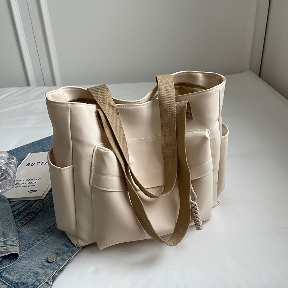 Nylon Tote Bag with Multiple Pocket Lightweight Foldable Design for Office Commute Shopping Fitness Storage Handbag Shoulder Bag