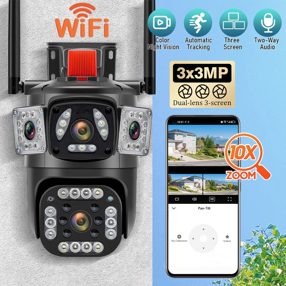 9MP 8K WiFi Camera Outdoor 10X Zoom Three Lens Dual Screen PTZ Waterproof Surveillance Security Video Street Camera
