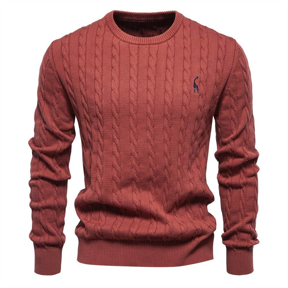 AIOPESON Mens Giraffe Embroidery Cotton Sweaters Round Neck Classic Twist Patterned Pullover Knitted Sweater for Men