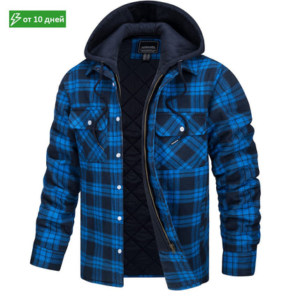 MAGCOMSEN Men's Flannel Jacket with Removable Hood 5 Pockets Plaid Quilted Lined Winter Coats Thick Hoodie Outwear Fleece Jacket