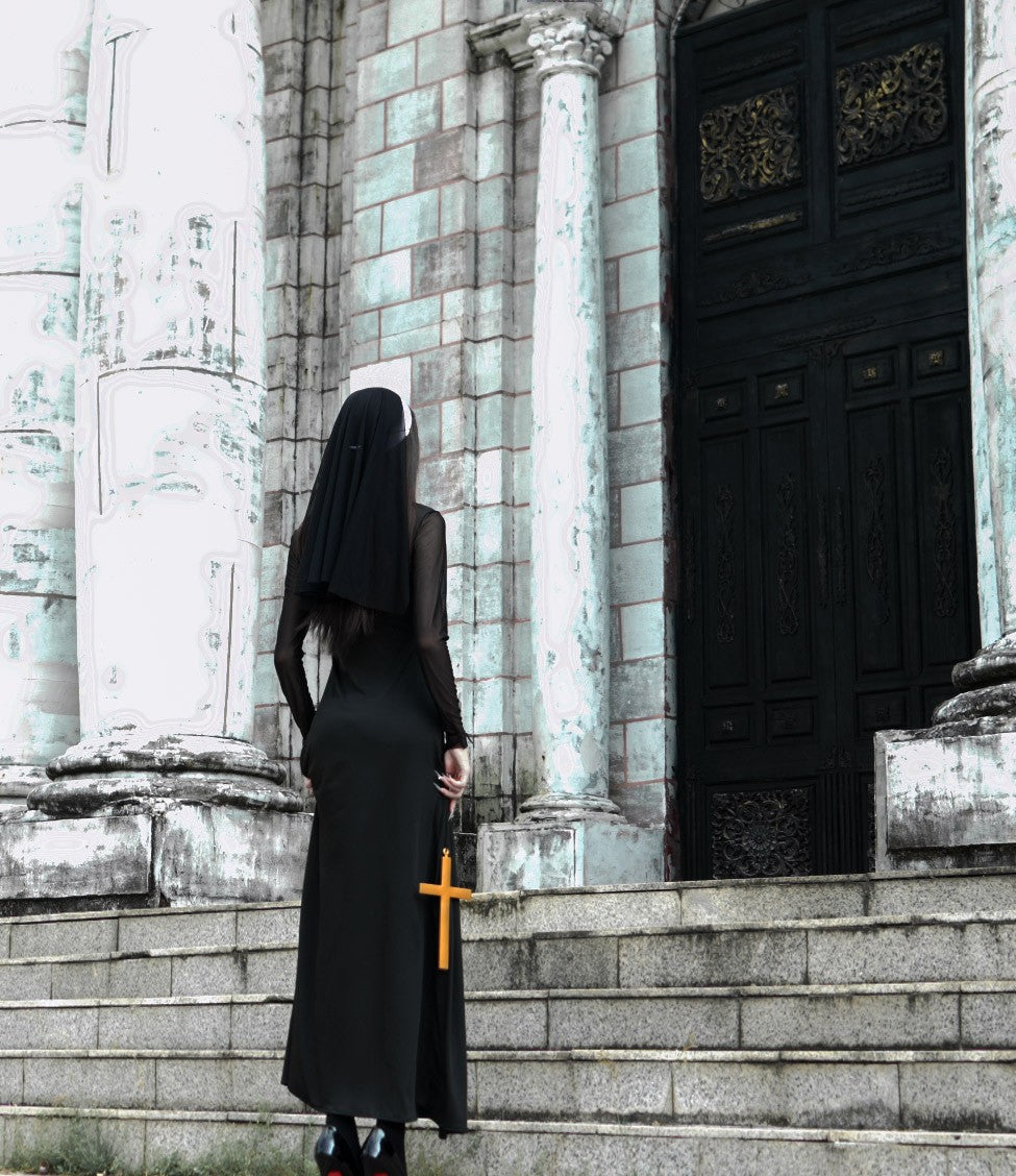 Sexy Nun Cosplay Costume Gothic Black Split Long Dress with Head Veil Halloween Carnival Party Fancy Dress for Women Nun