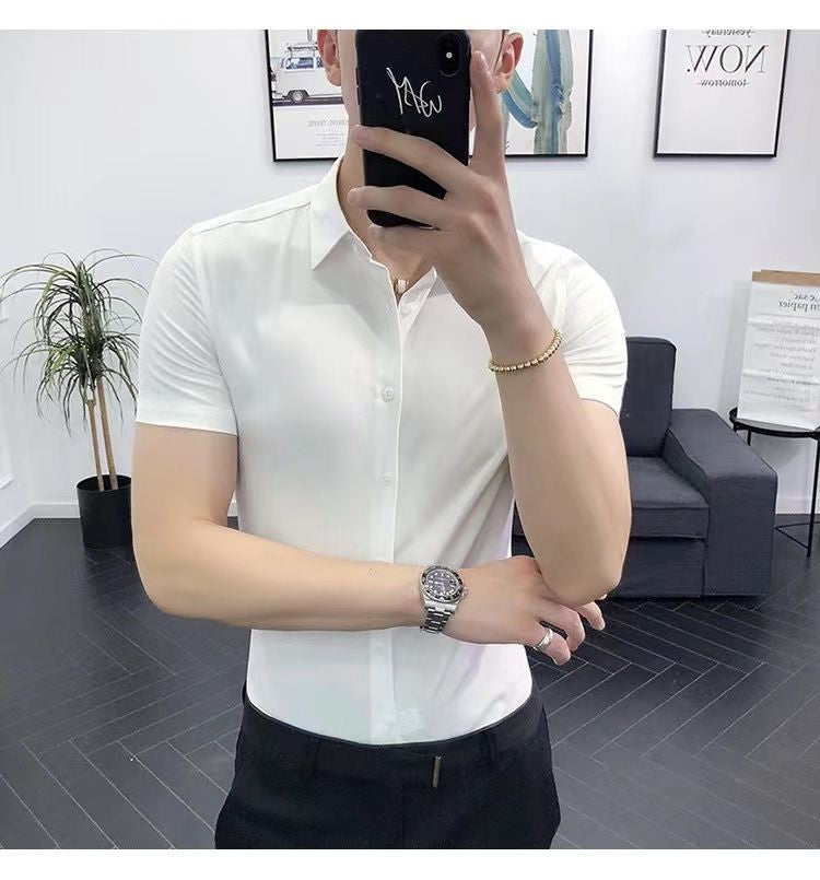 Korean Fashion Trend Casual Elastic Design Sense Short Sleeve Shirt Men's Solid Lapel Collar Button Breathable Simple Slim Tops