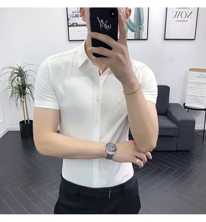 Korean Fashion Trend Casual Elastic Design Sense Short Sleeve Shirt Men's Solid Lapel Collar Button Breathable Simple Slim Tops