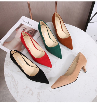 European American Fashionable Pointed High Heels Women With Rhinestone Bows Shallow Mouth Mid-Heeled Single Shoes Silk Satin