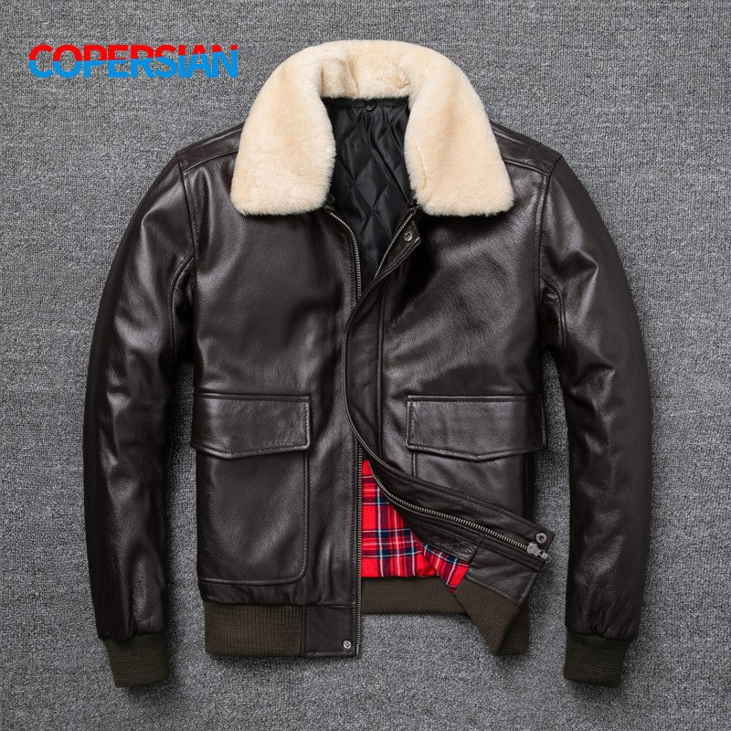 Air Force Flight Jacket Fur Collar Genuine Top Layer Cow Leather Jacket Men Black Brown Cow Coat Men's Winter Jacket ?? ??