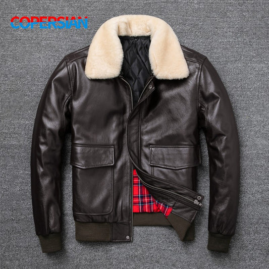 Air Force Flight Jacket Fur Collar Genuine Top Layer Cow Leather Jacket Men Black Brown Cow Coat Men's Winter Jacket ?? ??
