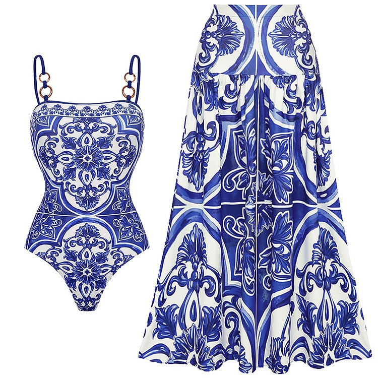 Flaxmaker Classic Women Sexy Bikini Sets Long Sleeves Majolica Series Pattern Print One Piece Swimsuit Skirt Biquini Beachwear
