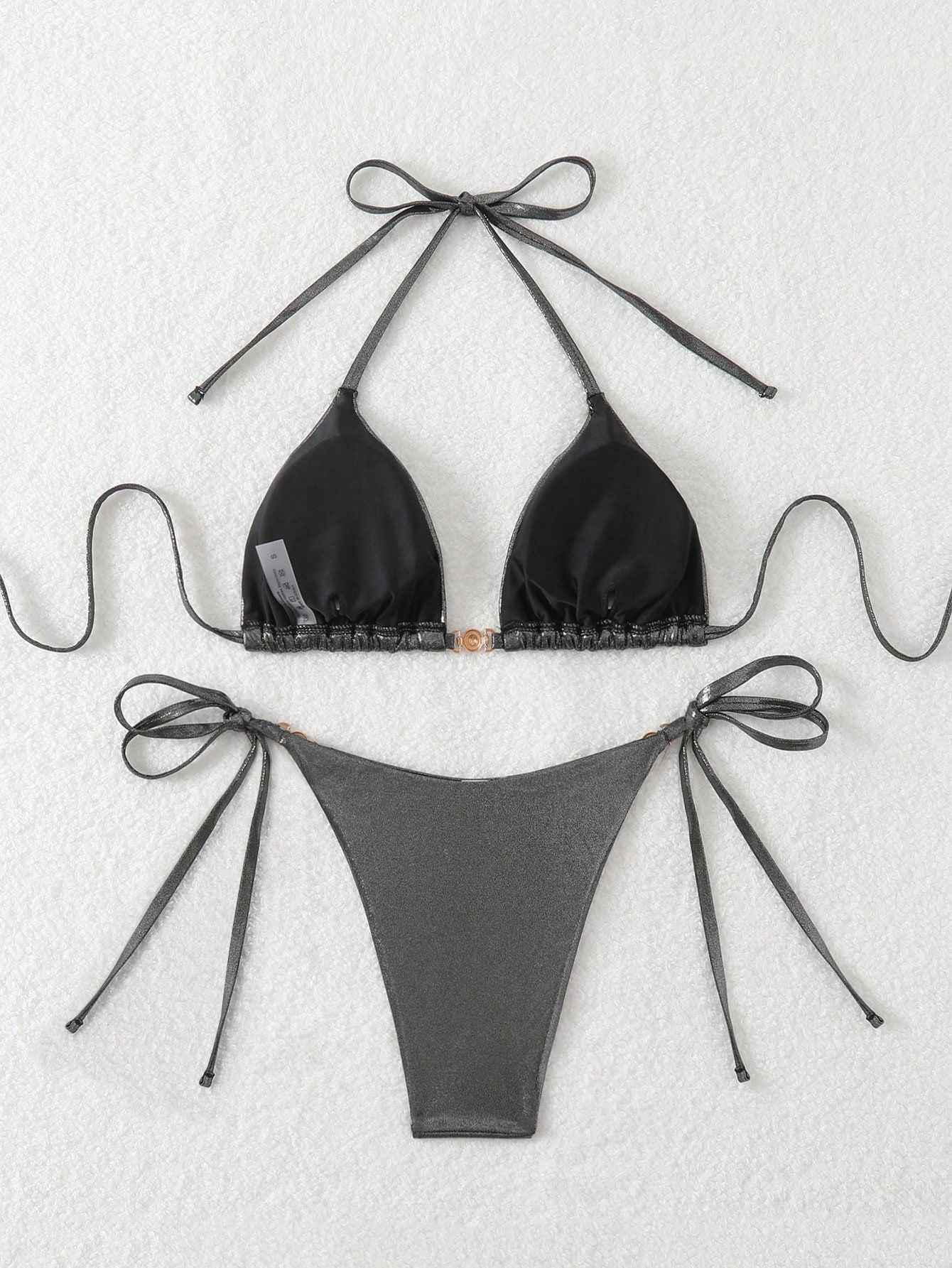 Sexy Black Brozing Bikini Set Women Summer Push Up Bra Tie Side Thong Swimsuit Beach Bathing Suit Holiday Swimwear Biquini