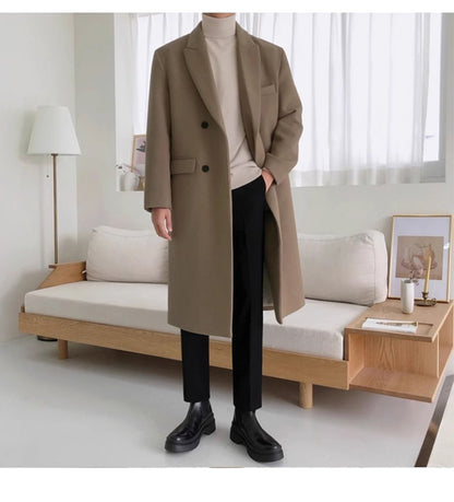 Mauroicardi Autumn Winter Long Warm Camel Black Woolen Coat Men Double Breasted Korean Style Wool Blends Overcoat with Back Slit