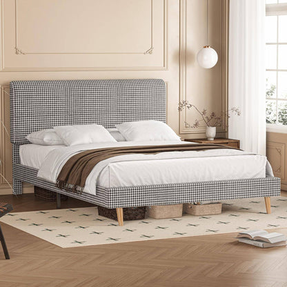 Cama Queen com Estrutura e Cabeceira, Base para Colchão Totalmente Estofada em Algodão, Suporte com Estrados de Madeira, Sem Ruído, Não Precisa de Box