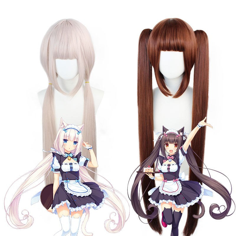 Anime Nekopara Cosplay Peruca Vanilla Chocola Peruca de Cosplay Cabelo Longo Rosa/Castanho Nekopara Cosplay Chocola/Vanilla Peruca de Festa de Natal