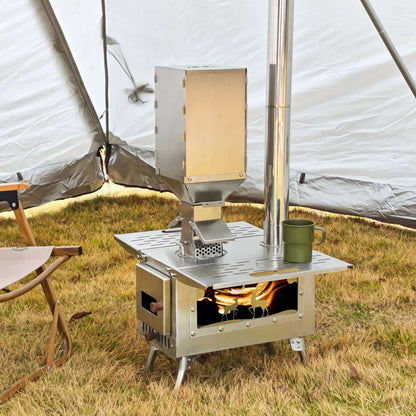 Fogão a Lenha para Barraca Quente, Dobrável, em Aço Inoxidável, Chaminé de 5 Seções, Aquecedor a Lenha para Acampamento ao Ar Livre com Painéis Laterais para Cozinhar