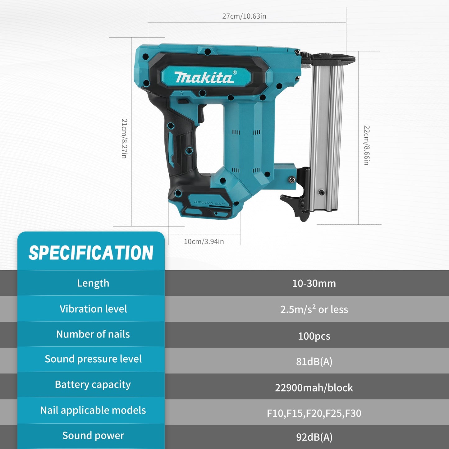 Nova pistola de pregos F30 da Makita, ferramenta elétrica sem escovas, empunhadura ergonômica, pistola pneumática elétrica, ferramenta para marcenaria (sem bateria)