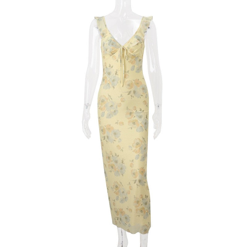 Cryptographic Summer Floral Print Plunge Maxi Dress Outfits Sexy Backless Fairy