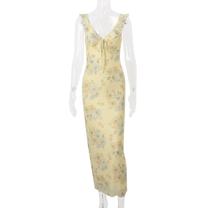 Cryptographic Summer Floral Print Plunge Maxi Dress Outfits Sexy Backless Fairy