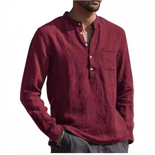 2025 Summer Hot Selling Men's Linen V-neck Long Sleeved Shirt Breathable Casual Beachwear, Business Casual Men's Clothing