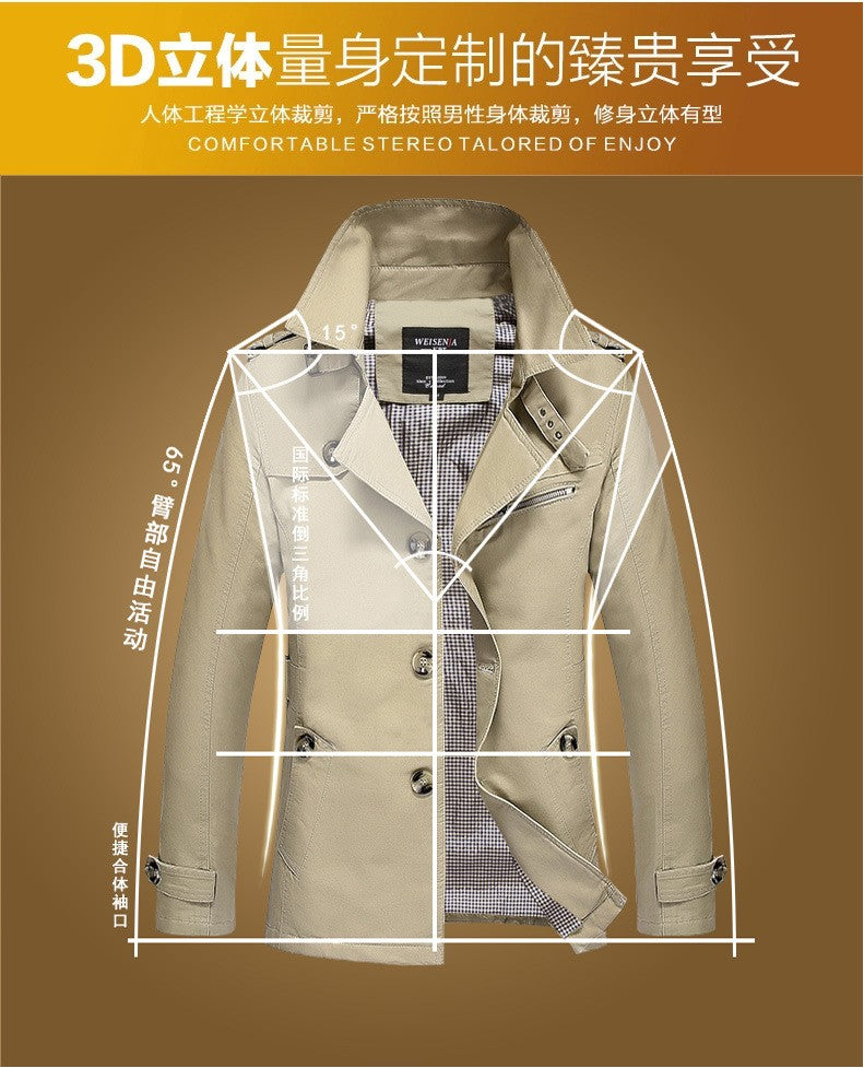 Men's Spring and Autumn New Fashion Casual Cotton Trench Coat, Solid Color Lapel Single-breasted Mid-long Splicing Trench Coat