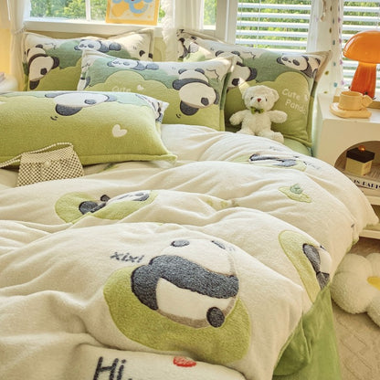 Capa de Edredom de Veludo Leite com Estampa de Panda Fofo para Decoração de Quarto de Meninos e Meninas, Roupa de Cama de Desenho Animado de Animais, Capa de Edredom Macia e Quente para Outono e Inverno