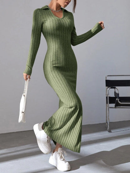 Spring and summer 2024 new style knitted slim lapel long sleeve dress pit strip solid color tight skirt