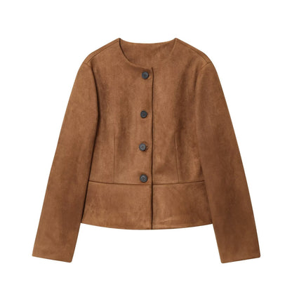 NERHEFZ Autumn Women Leather Jacket with Flared Hem Long Sleeve O Neck Button Jacket Causal Lady Coats Female Tops