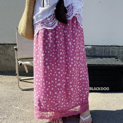 Ezgaga Skirts Women Elegant Floral Printed Lace Patchwork 2025 Summer Fashion Vintage Sweet Ladies Long Skirt Casual Chic