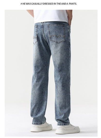 Calça Jeans Masculina Clássica Solta Reta Wide Leg de Sarja Lavada de Alta Qualidade Masculina Fina Fresca Elástica Masculina Casual de Caimento Regular