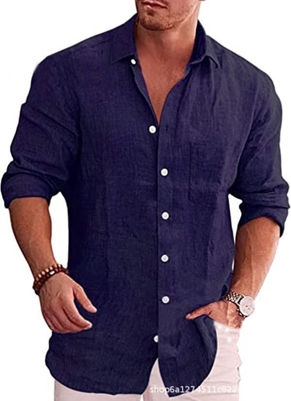 Men's Loose Large Size Solid Color Shirt Linen Collar Long Sleeve Casual Shirt