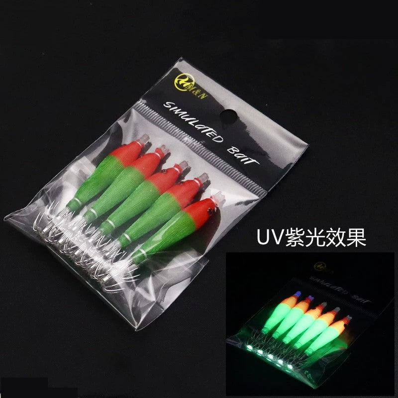 5 unidades/saco 68mmRolo de Pano Luminoso UV Tubo de Sopro Pesca Polvo Isca de Camarão de Madeira Anzol de Lula pesca Anzol de Explosão de Pesca
