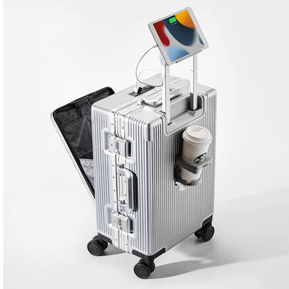 Mala de Viagem com Abertura Frontal, Estrutura de Liga de Alumínio, Trava, Plug USB para Carregamento, Rodas Giratórias e Alça Retrátil