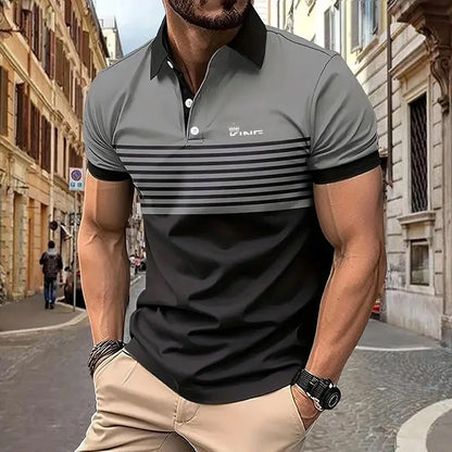 Summer Men's Stripe Print Polo Shirt Short Sleeve Turn-Down Collar Button Tshirts &for Men Casual Streetwear New Male Tops