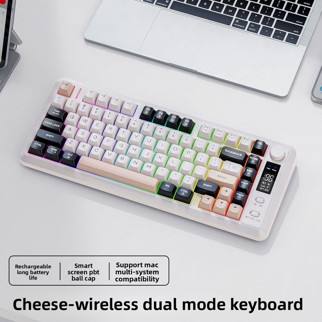 Teclado Gamer Sem Fio Compacto FREE WOLF M75 82 Teclas - Modo Duplo (Bluetooth/2.4G) Retroiluminação RGB Tela OLED Bateria Grande