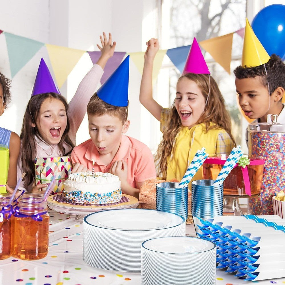 Elegante Conjunto de Pratos Descartáveis Azuis e Transparentes para Festa - Kit de Louça para 50 Convidados Novo