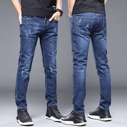 Men's Stylish Classic Business Casual Jeans Four Seasons Wear Black Blue Pants Middle-waist Leggings Denim Fabric Trousers Male