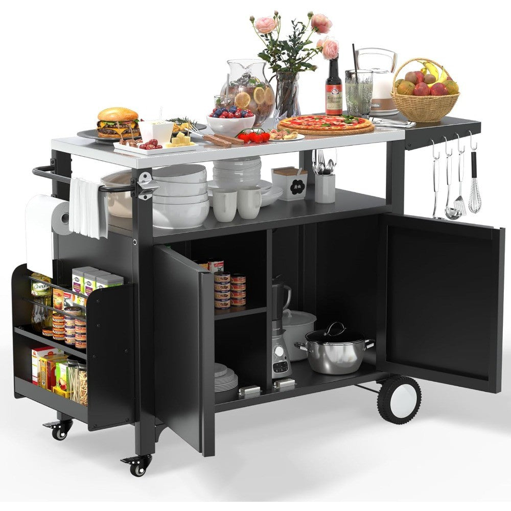 xl outdoor grill cart with wheels, weatherproof outdoor kitchen outdoor bar cart mobile bbq with foldable stainless steel top &