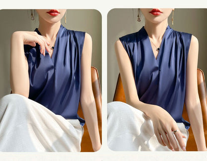 Womens Tops Blouses Solid Color White Satin Blouse Office Shirt Blusas Sleeveless Women Shirts Black White Female YTM A31