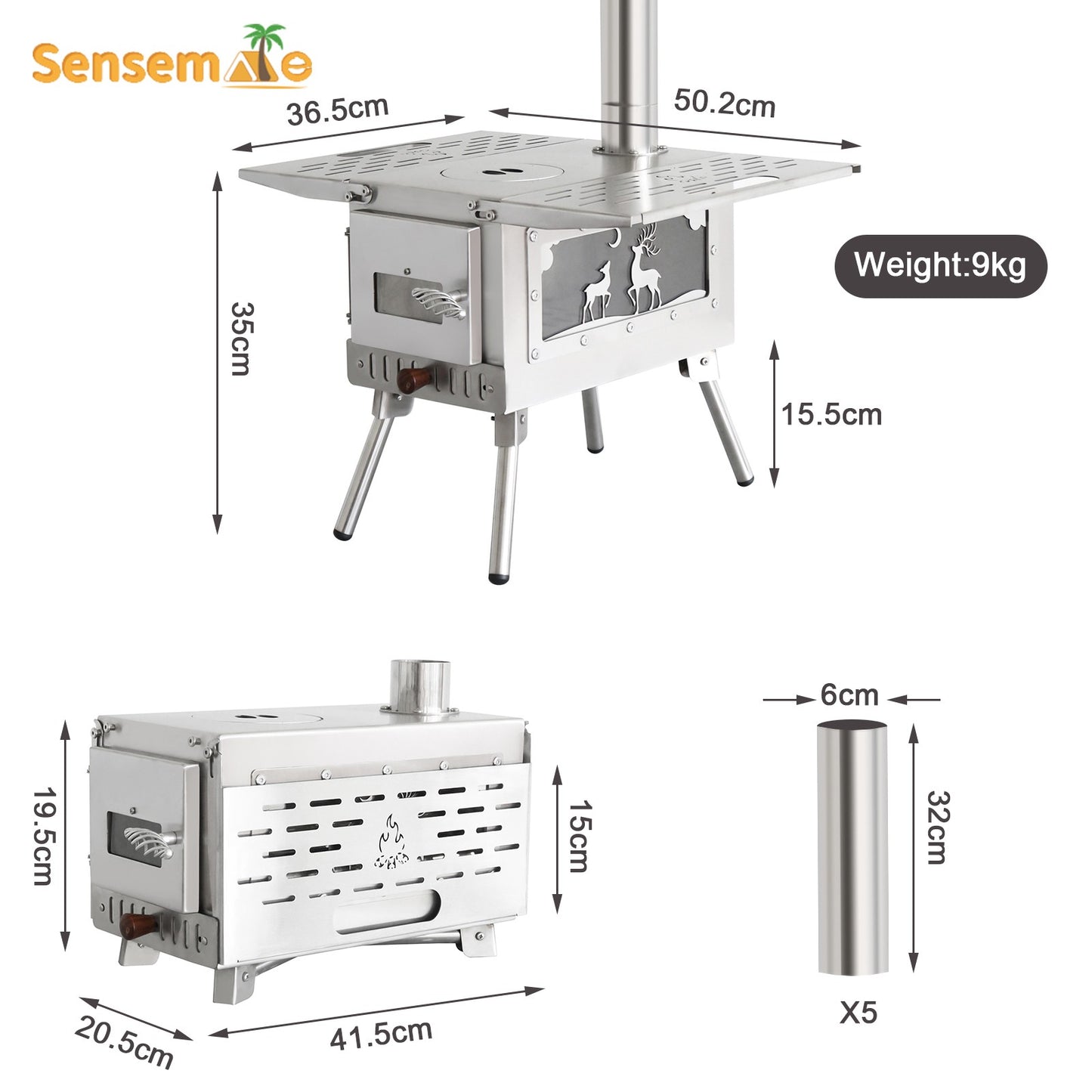 Fogão a Lenha para Barraca Quente, Dobrável, em Aço Inoxidável, Chaminé de 5 Seções, Aquecedor a Lenha para Acampamento ao Ar Livre com Painéis Laterais para Cozinhar