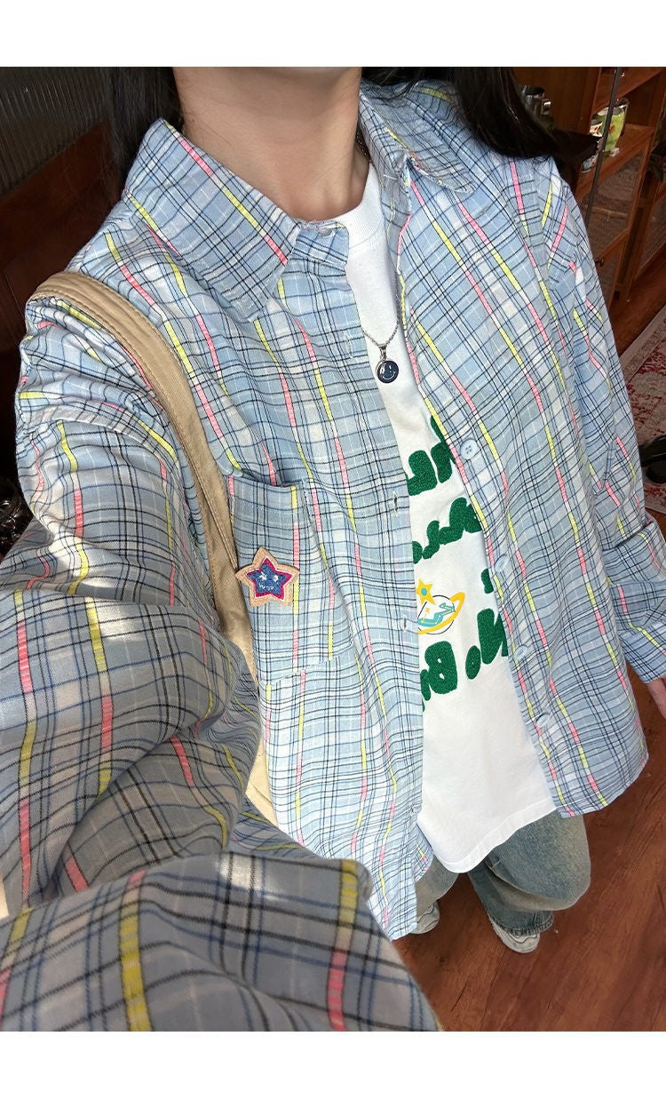 Ice Blue Plaid Long Sleeve Shirt Unisex Premium Cleanfit Denim Fabric V-neck Open Cardigan Style Holiday Vibes Short Length