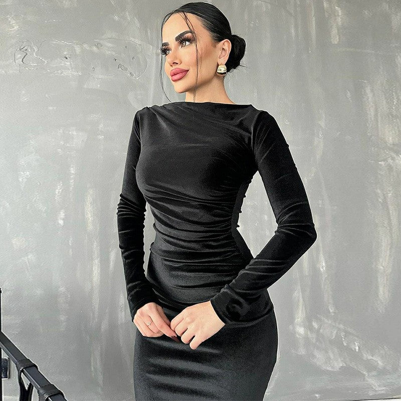 Dulzura 2024 Spring Summer Velvet Long Sleeve Midi Dress For Women Ruched Long D