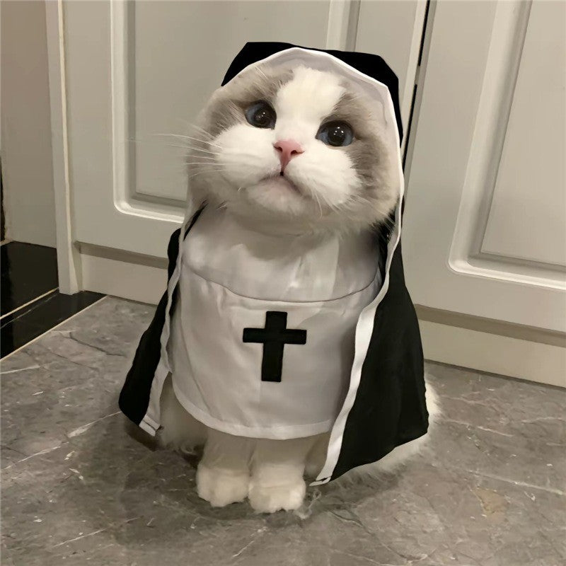 Roupas de Gato de Halloween com Fantasia de Freira e Estampa de Cruz de Jesus para Cães Pequenos Engraçado Bonito Vestido de Festa Macacão para Animais de Estimação Acessórios para Gatos