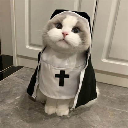 Roupas de Gato de Halloween com Fantasia de Freira e Estampa de Cruz de Jesus para Cães Pequenos Engraçado Bonito Vestido de Festa Macacão para Animais de Estimação Acessórios para Gatos