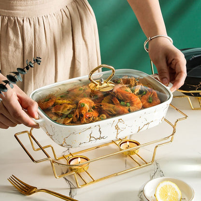 Caçarola retangular de cerâmica em forma de ânfora, para mesa de casa, com suporte criativo para aquecimento leve de sopa e vela.