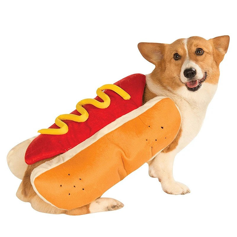 Engraçado Halloween Trajes de Cachorro Salsicha Dachshund em Forma de Cachorro Quente Roupa Ajustável para Animais de Estimação Fantasia de Festa de Gato Terno