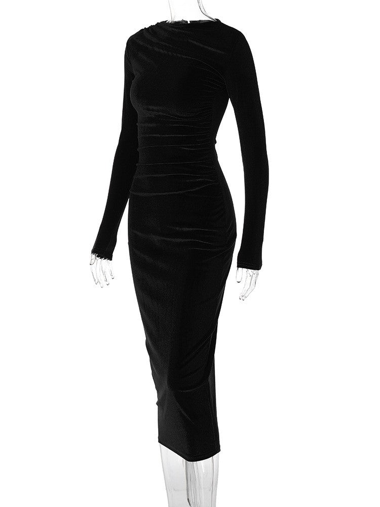 Dulzura 2024 Spring Summer Velvet Long Sleeve Midi Dress For Women Ruched Long D