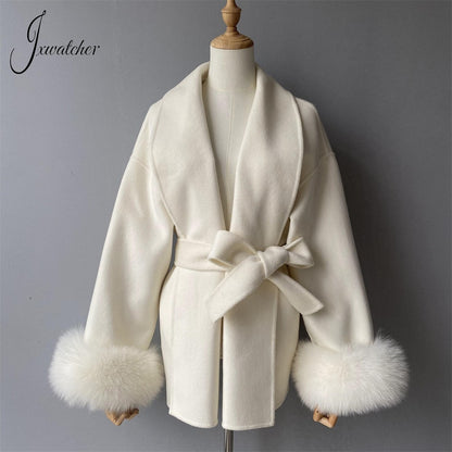 Jxwatcher Women's Wool Coat with Real Fox Fur Cuffs Ladies Elegance Belt Slim Outerwear Fall Winter High-End Wool Coats 2024 New