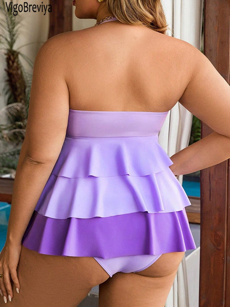 VigoBreviya 2025 Ruffle 2 Piece Plus Size Tankini Set Women Solid Patchwork Curvy Dress Swimsuit Beach Lady Big Bathing Suit