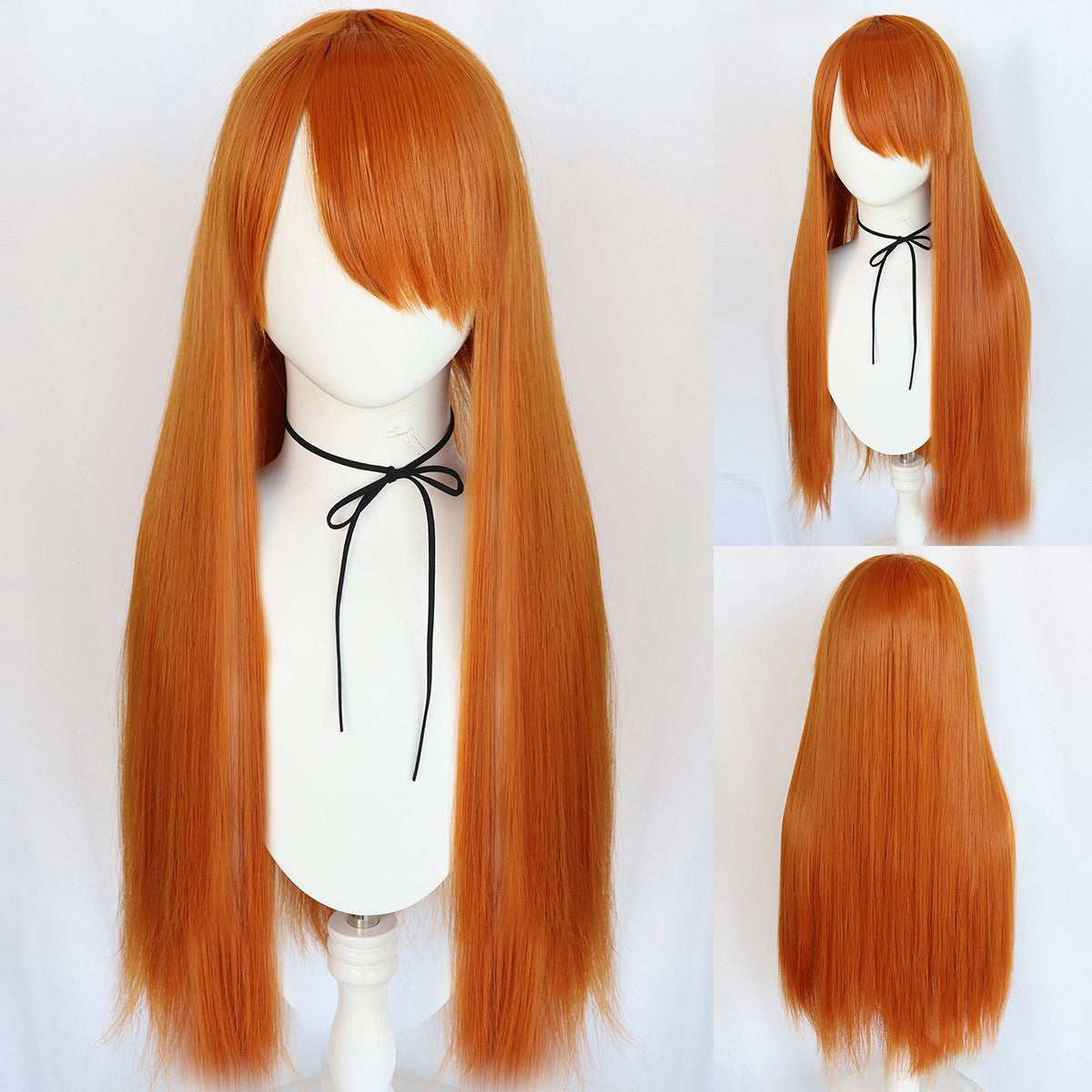 Peruca sintética para cosplay, 32 polegadas de comprimento, lisa, laranja, para Halloween, festas e 1 touca de peruca