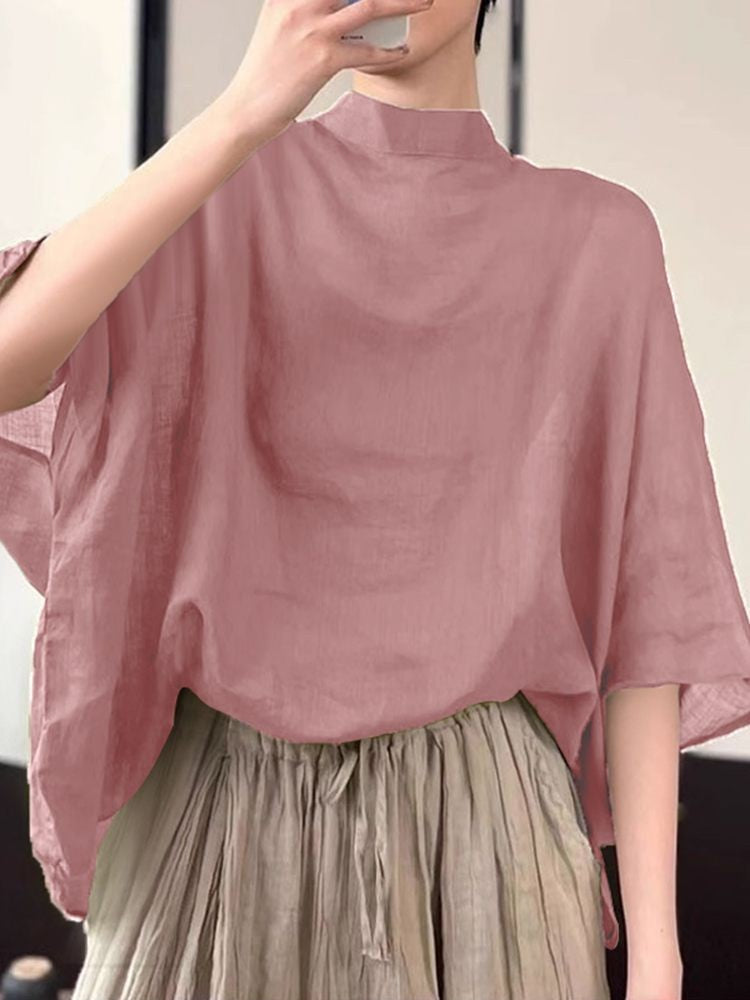 ZANZEA Women Bat Half Sleeve Blouse Summer Asymmetrical Tops 2024 Thin Stand Collar Tunic Casual Loose Transparent Tops Oversize